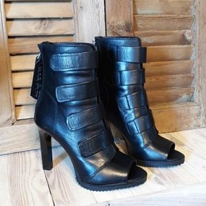 Dkny blake strappy leather peep toe stiletto booties Clearance